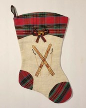 Vintage Skiing Skis Burlap &amp; Christmas Plaid Stocking w/ 3D Bells Country Rustic - £15.52 GBP