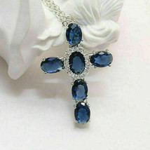 Halloween SPECIAL-3Ct Oval Cut Blue Sapphire Cross Pendant 14K White Gold Finish - £118.67 GBP