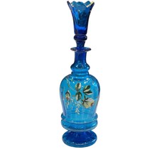 Antique French Blue Glass Perfume Vanity Bottle Hand-Painted Floral w/ Stopper - £159.41 GBP