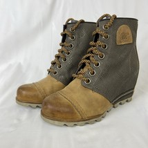 Sorel Wedge Ankle Boots Size 6 Lace Up Brown Leather Metallic Gray Canvas - €33,31 EUR