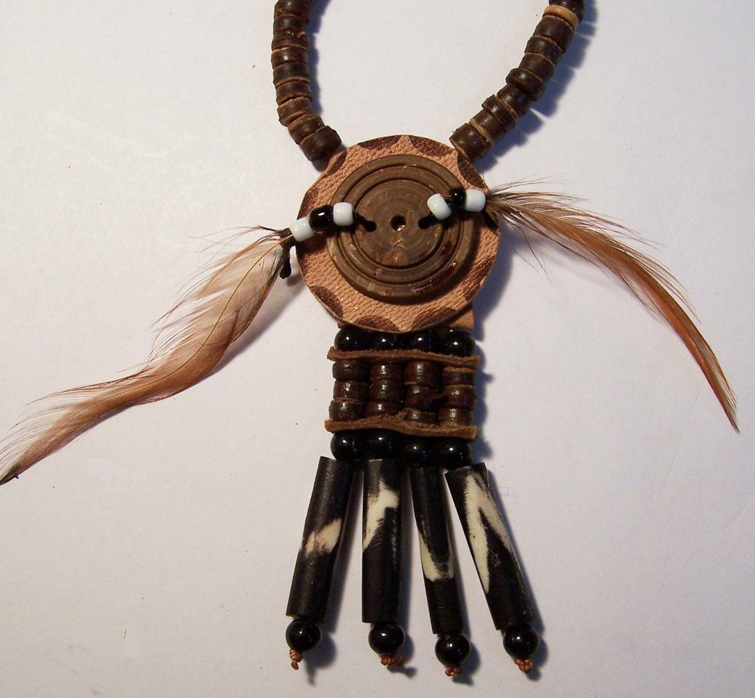 Primary image for DK BROWN NATIVE INDIAN STYLE LEATHER  MEDALLION NECKLACE beads feathers