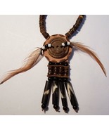 DK BROWN NATIVE INDIAN STYLE LEATHER  MEDALLION NECKLACE beads feathers - $11.04 CAD