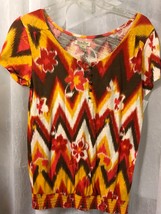 Lucky Brand Women&#39;s Top Orange Multi Print Short Sleeve Top Size XS - $6.93