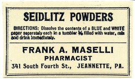 Antique Pharmacy Label Seidlitz Powders Frank A. Maselli Pharmacist Jeannette Pa - £20.23 GBP