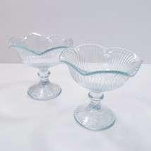 Iced Blue Ribbed Glass Stemmed Compote Dessert Bowl Set of 2 - £18.58 GBP