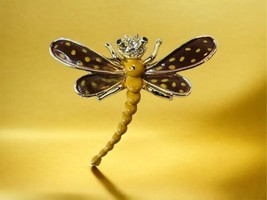 Dragonfly Spotted Wings Yellow Enameled Gold Tone Rhinestone Vintage Bro... - £18.29 GBP
