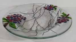 LARGE Clear HAND BLOWN ART GLASS DISH BOWL With 3D Applied GRAPES 12 1/2... - $49.09