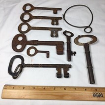 Lot of 6 Antique Vintage Cast Iron Skeleton Keys and 2 Hollow Barrel on Old Ring - £133.77 GBP