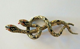 Vintage ART Double Snake Brooch Black Enamel Red Tongues Rhinestone Eyes... - £39.02 GBP