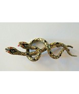 Vintage ART Double Snake Brooch Black Enamel Red Tongues Rhinestone Eyes... - £38.59 GBP