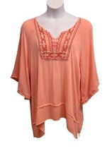 Democracy Womens XL Fringed Peach Bell Sleeve Tunic Top Embroidered boho... - $17.82