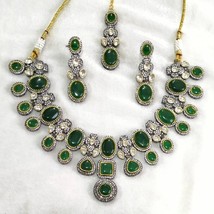 Bollywood Style Silver Plated Indian CZ Necklace Emerald Kundan Jewelry Set - £99.01 GBP