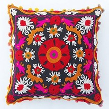 Embroidered Pillow Cover 16x16, Pom Pom Decorative Throw Pillow Cover, Indian Co - £7.98 GBP+