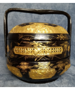MEIJI Period Japanese Jubaku Bamboo 3 Tiered Bento Black Lacquer Basket - $350.00