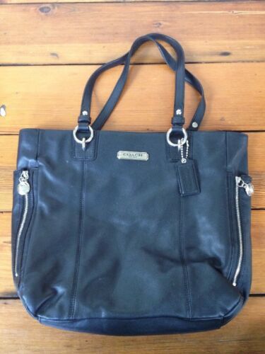 Primary image for Coach Black Genuine Leather Chrome Shiny Zippers Handbag Shoulder Purse