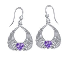 Jewelry Trends Heart Angel Wings Silver Dangle Earrings with Amethyst - £79.50 GBP