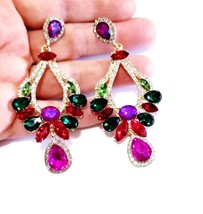 Colorful Drop Earrings, Bridesmaid Rhinestone Earrings, 3.4 Inch Pageant Jewelry - £31.31 GBP