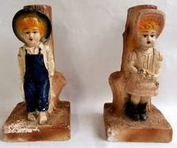 Bookends Country Boy Girl Chalk-ware Plaster Vintage 6 1/4&quot; Tall Blue Pink - $42.95