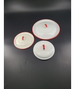 Lot Of 3 Enamel Lids White Red Trim - £10.57 GBP