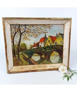 Rustic Village Bridge Scene Oil Painting on Panel - Vintage Romantic Rea... - $102.38 CAD
