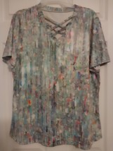 Ladies Pull on Top, Short Sleeve, L, Multi-Colored, V Neck with Chris Cr... - $9.25
