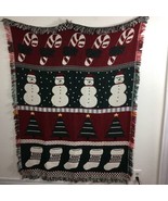 Snowman Woven Throw Blanket Crown Crafts Candy Canes Christmas Trees Sto... - £39.34 GBP