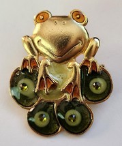 Frog Brooch Pin Antique Brass Green Gold Enameling Rhinestones 2 inches Tall - £13.53 GBP