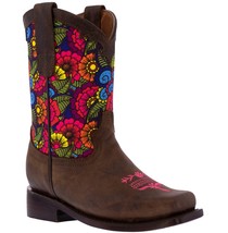 Kids Dark Brown Western Boots Leather Paisley Flowers Cowgirl Square Toe Botas - £41.75 GBP