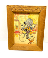 Vintage Cottagecore Framed Wall Art MCM Girl on Bicycle with Kitties 8.5... - £13.93 GBP