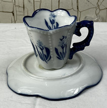 Hand Painted Blue Delft Demitasse Cup Saucer Set Tulips Flower Reversible  - £9.56 GBP