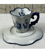 Hand Painted Blue Delft Demitasse Cup Saucer Set Tulips Flower Reversible  - £9.58 GBP