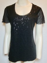 Donna Karan Sheer Back Sequin Top Black Short Sleeve Raw Edge DKNY Small - $43.69