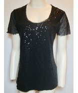 Donna Karan Sheer Back Sequin Top Black Short Sleeve Raw Edge DKNY Small - $60.45 CAD