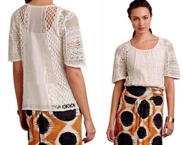 Anthropologie Web of Lace Top Petite Medium PM P6 P8 Ivory Tee Cotton Shirt NWT - £35.65 GBP