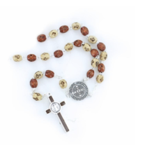 Brown Wood Beads Rosary Crucifix Cross And St. Benedict Center - £31.89 GBP
