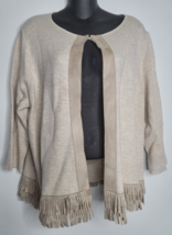 Chicos Womens Cardigan Sweater 3 XL Beige Tan Brown Fringe 3/4 Sleeves Western - £21.22 GBP