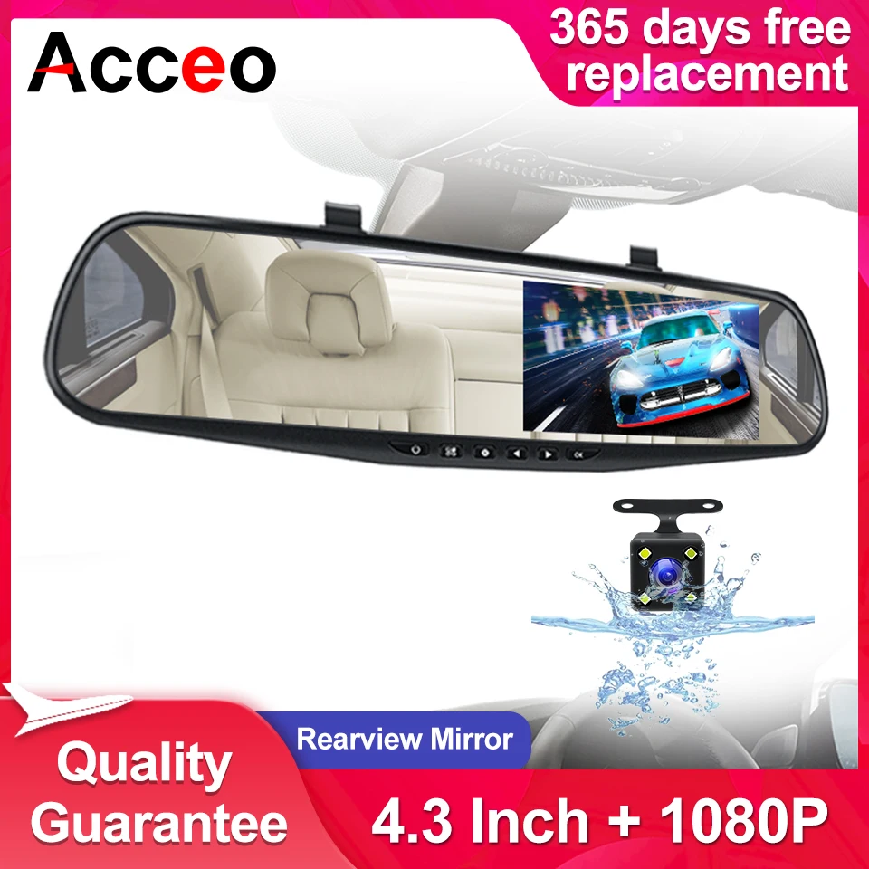 Ceo dashcam white mirror dvr 4 3 inch dash camera fhd 1080p auto registrar support rear thumb200