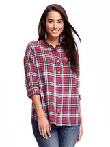 New Old Navy Women Red Plaid Cotton Button Front Long Sleeves Shirt XS - £15.56 GBP