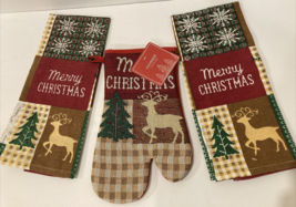 3 pc Winter Deer Lodge cabin Christmas towels and oven mitt kitchen gift set - £6.93 GBP