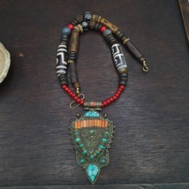 Tibetan Nepalese Dzi Agate turquoise Coral Carcing Yak bone Beaded Necklace - $110.40