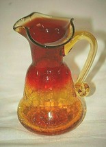 Old Vintage Amberina Red &amp; Gold Crackle Art Glass Mini Pitcher Vase Ruffled Rim - £23.45 GBP