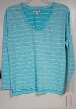 Women&#39;s Stripe Monograph Pullovers Long Sleeve V-Neck Sweater Blue Size XL - £21.31 GBP