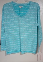 Women&#39;s Stripe Monograph Pullovers Long Sleeve V-Neck Sweater Blue Size XL - $26.98