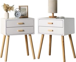 Set Of 2 Nightstand End Table, Mid-Century Modern Wood Storage Bedside, White - £173.45 GBP