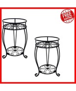 Sturdy 2-Tier Plant Holder Rack - 19.2 Inch Tall Black Metal with Floral... - $58.40