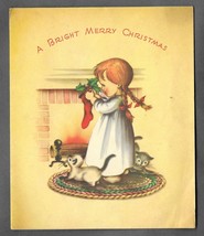 Vintage 1940s Wwii Era Christmas Greeting Holiday Card Girl Kittens Stocking - £11.60 GBP