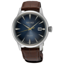 SEIKO Men&#39;s Blue Sunray Dial Brown Leather Band Presage Time Automatic Watch - $429.95