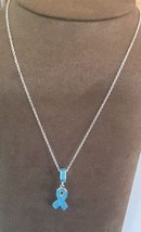 Ovarian Cancer Awareness BLUE Ribbon Silver Necklace Pendant gift bag - £5.47 GBP