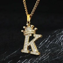 1.25Ct Real Moissanite Crown Initial Letter &quot;K&quot; Pendant 14K Yellow Gold Plated - £104.60 GBP