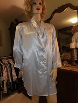 Vtg 80s Sz M/L Charmeuse Shiny Blue Satin Nightgown Sleep Shirt~Big Shoulders - £13.93 GBP